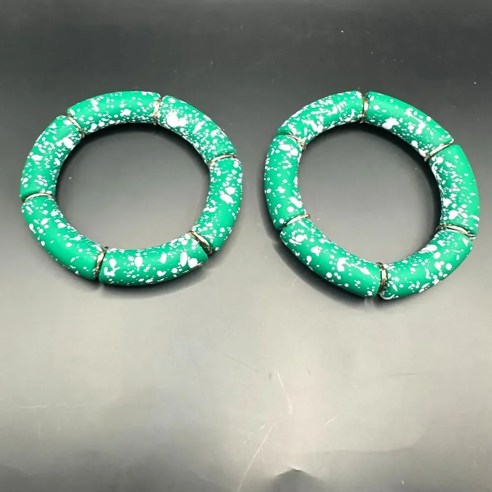Green Tube Stretch Bracelet Set of 2 Bracelets Splatter Modern White Lot Casual